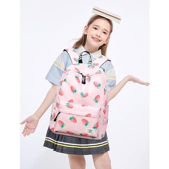 MIRLEWAIY Girl's Pink Strawberry Print School Backpack Bag - Picture 1 of 10